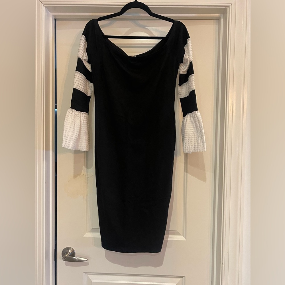 VENUS Black Dress with White Striped Sleeves - Picture 1 of 5